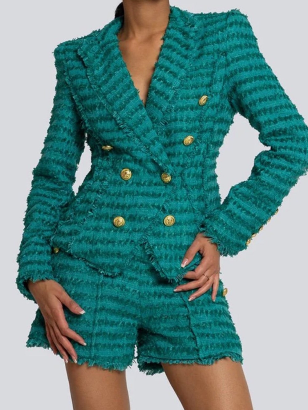 Teal Textured Double-Breasted Blazer & Shorts Set